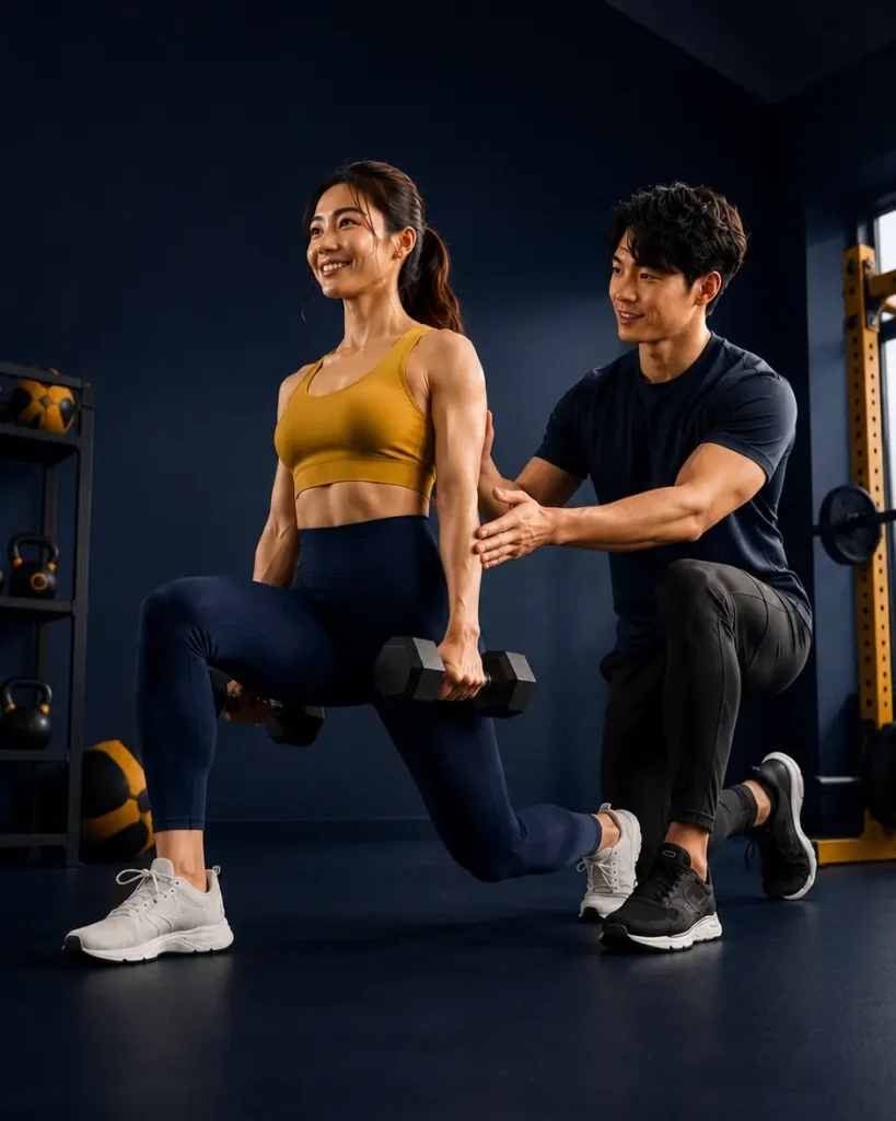 パーソナルジムでダンベルランジのフォームを丁寧に指導するトレーナー